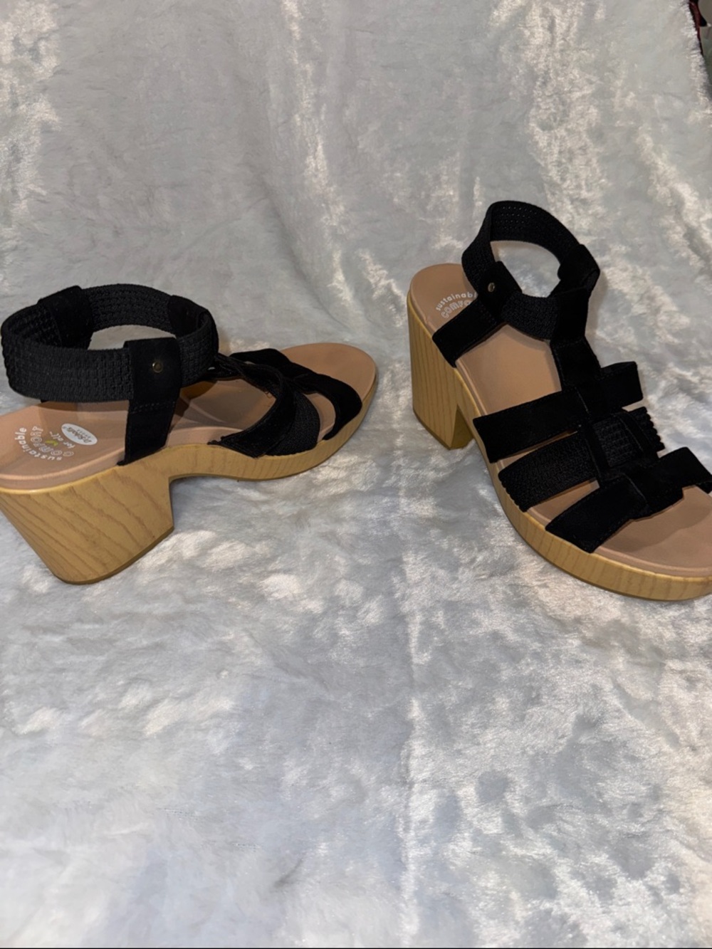 Dr. Scholl's Black Strappy Wedge Sandals with Wood-Tone Sole - Picture 6 of 7